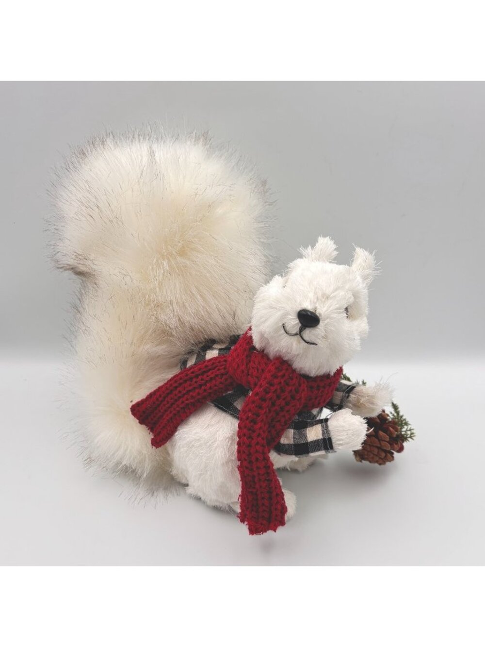 Northlight White Christmas Squirrel Red Scarf Plaid Jacket Pine Cones Bushy 10”